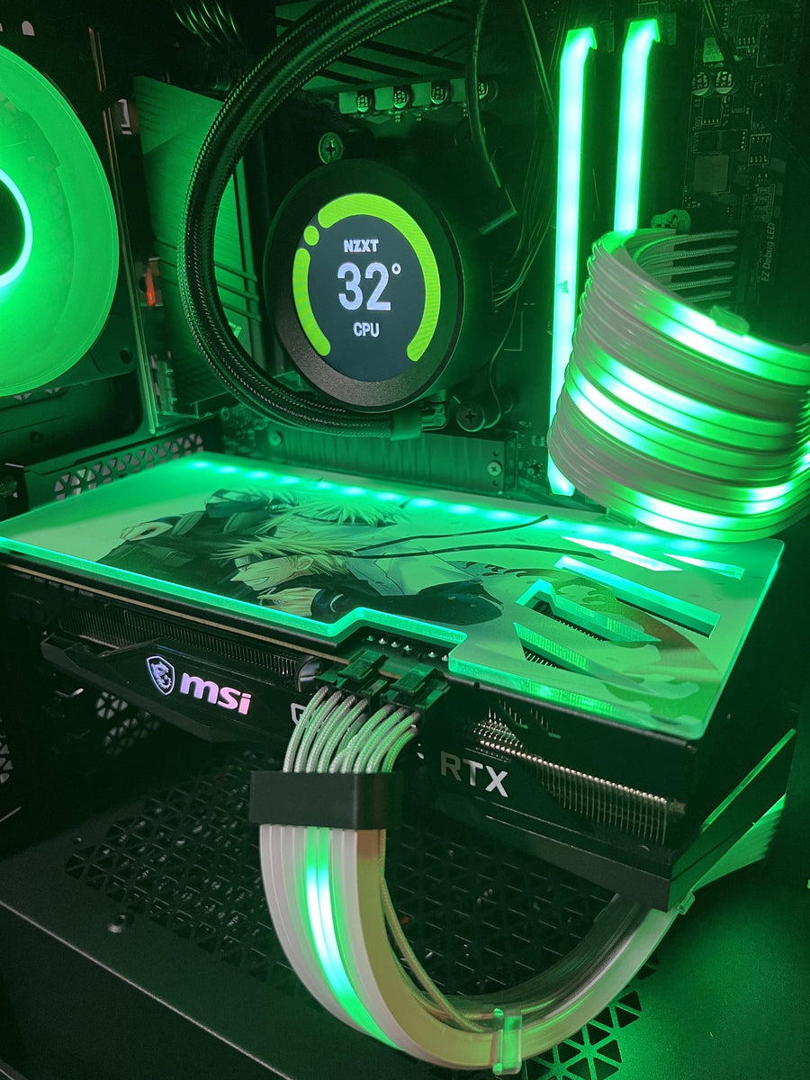 Close-up of a custom PC build with green lighting, AIO cooler display and sleeved cables