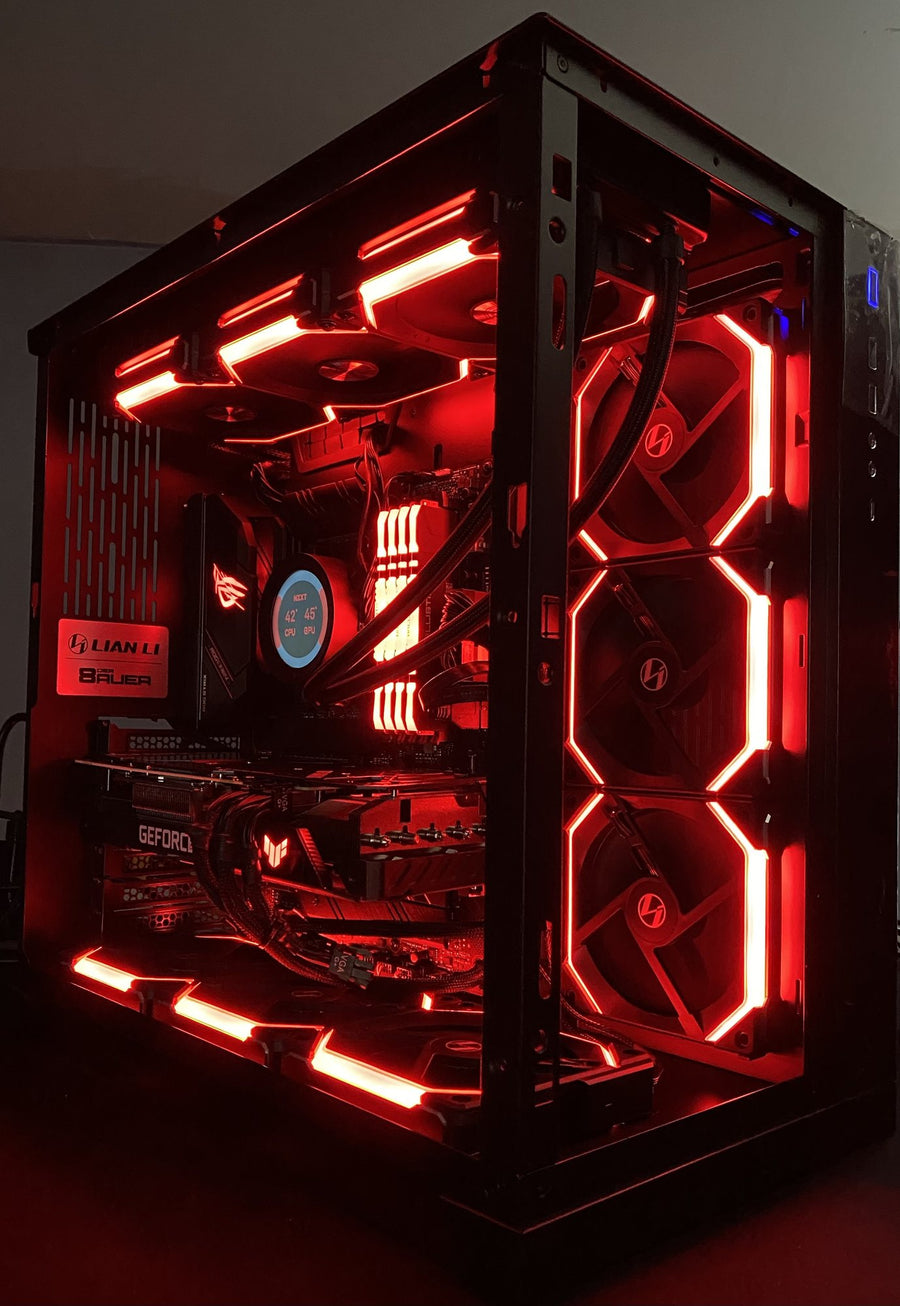 Custom gaming PC build with red RGB lighting