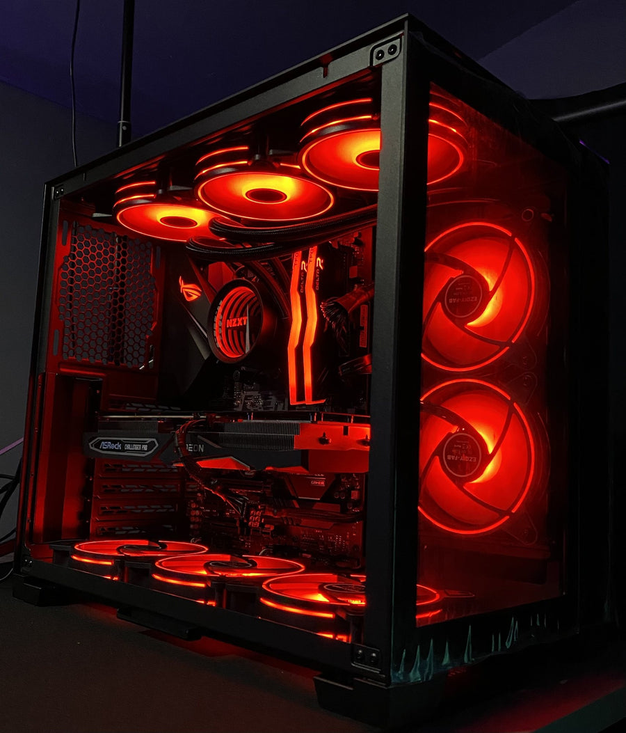 Custom gaming PC build with red RGB fans and liquid cooling